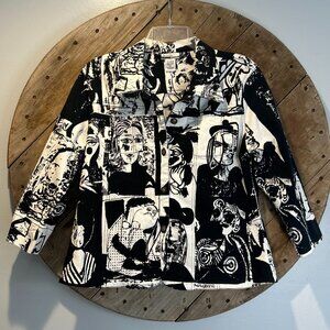 Mirror Image Black & White Picasso Abstract Stretchy Jacket with buttons-XL